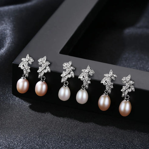 Cz Leaves Sterling Silver Pearl Dangling Earrings Cal